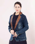 ADBZ021 Genuine leather Hand tooled hand carved Women 100% cotton Denim Blazer dress jacket ladies Girl