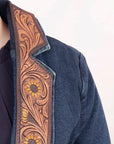 ADBZ021 Genuine leather Hand tooled hand carved Women 100% cotton Denim Blazer dress jacket ladies Girl