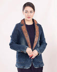 ADBZ021 Genuine leather Hand tooled hand carved Women 100% cotton Denim Blazer dress jacket ladies Girl
