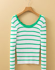 Stripe Scalloped Scoop Neck Ribbed Knit Sweater