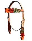 Bar H Equine Horse Genuine Leather Floral Design Hand Painted Breast Collar ,Headstall Brown
