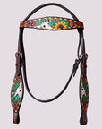 BAR H EQUINE Western Horse Floral Hand Painted Genuine Leather Headstall Brown