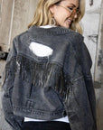 Rhinestone Fringe Distressed Denim Jacket