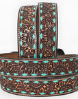 BAR H EQUINE Turquoise Sunflower Floral Hand Carved Western Fashion Premium Leather Belt Brown