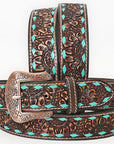 BAR H EQUINE Turquoise Sunflower Floral Hand Carved Western Fashion Premium Leather Belt Brown