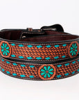BAR H EQUINE Turquoise Buckstitch Flower Basket Hand Tooled Western Leather Belt Brown