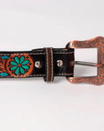 BAR H EQUINE Turquoise Buckstitch Flower Basket Hand Tooled Western Leather Belt Brown