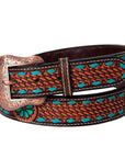 BAR H EQUINE Turquoise Buckstitch Flower Basket Hand Tooled Western Leather Belt Brown