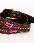 BAR H EQUINE Pink Rawhide Basket Hand Tooled Western Leather Men And Women Belt Brown