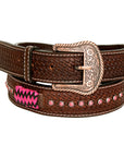 BAR H EQUINE Pink Rawhide Basket Hand Tooled Western Leather Men And Women Belt Brown