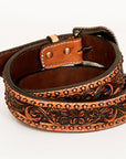 BAR H EQUINE Floral Genuine Hand Tooled Western Fashion Premium Leather Belt Brown