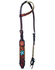 Bar H Equine Horse Leather Turquoise Floral Hand Painted One Ear Headstall Brown