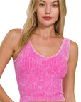 Hot Pink Ribbed Crop Tank with Reversible Neckline