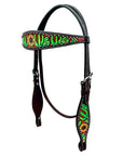 Bar H Equine Horse Genuine Leather Floral Cactus Hand Painted Breast Collar ,Headstall Brown