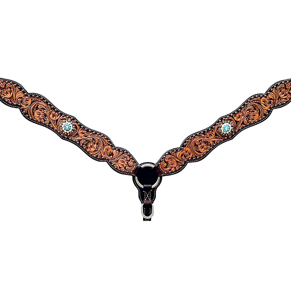 Bar H Equine Horse Genuine Leather Floral Design Breast Collar ,Headstall Brown