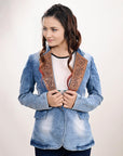 ADBZ702 Genuine leather Hand tooled hand carved Women 100% cotton Denim Blazer dress jacket ladies Girl