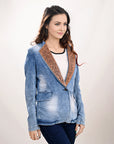 ADBZ702 Genuine leather Hand tooled hand carved Women 100% cotton Denim Blazer dress jacket ladies Girl