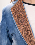 ADBZ702 Genuine leather Hand tooled hand carved Women 100% cotton Denim Blazer dress jacket ladies Girl