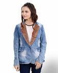 ADBZ702 Genuine leather Hand tooled hand carved Women 100% cotton Denim Blazer dress jacket ladies Girl
