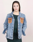 ADJKT002 Genuine leather Hand tooled hand carved Women 100% cotton Denim jacket dress ladies girl