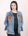 ADJKT002 Genuine leather Hand tooled hand carved Women 100% cotton Denim jacket dress ladies girl