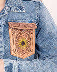 ADJKT002 Genuine leather Hand tooled hand carved Women 100% cotton Denim jacket dress ladies girl