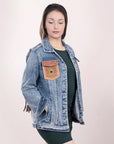 ADJKT002 Genuine leather Hand tooled hand carved Women 100% cotton Denim jacket dress ladies girl