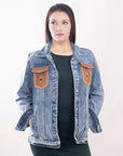 ADJKT002 Genuine leather Hand tooled hand carved Women 100% cotton Denim jacket dress ladies girl