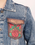 ADJKT003 Genuine leather Hand tooled hand carved Women 100% cotton Denim jacket dress ladies girl
