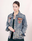 ADJKT003 Genuine leather Hand tooled hand carved Women 100% cotton Denim jacket dress ladies girl