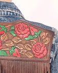 ADJKT003 Genuine leather Hand tooled hand carved Women 100% cotton Denim jacket dress ladies girl