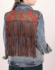 ADJKT003 Genuine leather Hand tooled hand carved Women 100% cotton Denim jacket dress ladies girl