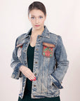 ADJKT003 Genuine leather Hand tooled hand carved Women 100% cotton Denim jacket dress ladies girl