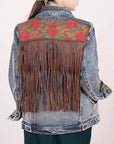 ADJKT003 Genuine leather Hand tooled hand carved Women 100% cotton Denim jacket dress ladies girl