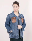 ADJKT004 Genuine leather Hand tooled hand carved Women 100% cotton Denim jacket dress ladies girl