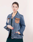 ADJKT004 Genuine leather Hand tooled hand carved Women 100% cotton Denim jacket dress ladies girl