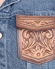ADJKT004 Genuine leather Hand tooled hand carved Women 100% cotton Denim jacket dress ladies girl