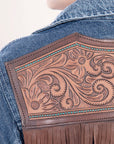 ADJKT004 Genuine leather Hand tooled hand carved Women 100% cotton Denim jacket dress ladies girl