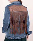 ADJKT004 Genuine leather Hand tooled hand carved Women 100% cotton Denim jacket dress ladies girl