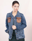 ADJKT004 Genuine leather Hand tooled hand carved Women 100% cotton Denim jacket dress ladies girl