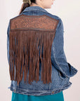 ADJKT004 Genuine leather Hand tooled hand carved Women 100% cotton Denim jacket dress ladies girl