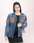 ADJKT006 Genuine leather Hand tooled hand carved Women 100% cotton Denim jacket dress ladies girl