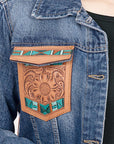ADJKT006 Genuine leather Hand tooled hand carved Women 100% cotton Denim jacket dress ladies girl