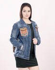 ADJKT006 Genuine leather Hand tooled hand carved Women 100% cotton Denim jacket dress ladies girl