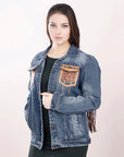 ADJKT006 Genuine leather Hand tooled hand carved Women 100% cotton Denim jacket dress ladies girl