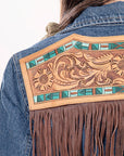 ADJKT006 Genuine leather Hand tooled hand carved Women 100% cotton Denim jacket dress ladies girl