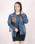 ADJKT006 Genuine leather Hand tooled hand carved Women 100% cotton Denim jacket dress ladies girl