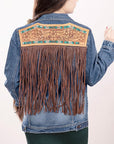 ADJKT006 Genuine leather Hand tooled hand carved Women 100% cotton Denim jacket dress ladies girl