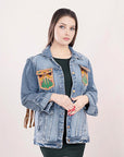 ADJKT007 Genuine leather Hand tooled hand carved Women 100% cotton Denim jacket dress ladies girl