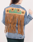 ADJKT007 Genuine leather Hand tooled hand carved Women 100% cotton Denim jacket dress ladies girl